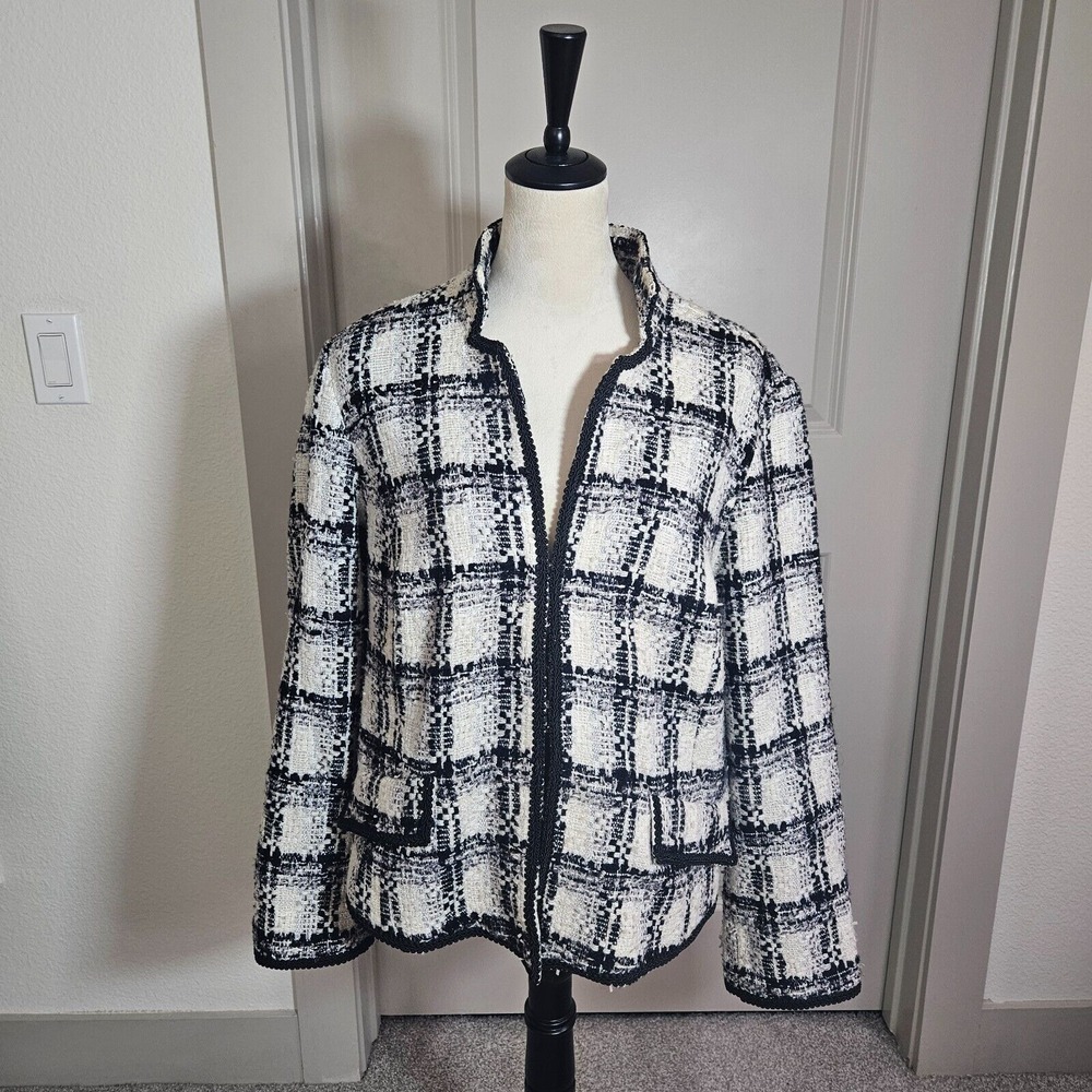 Chico's Tweed Blazer Cardigan Women Size 3 Wool Blend White Gray Black